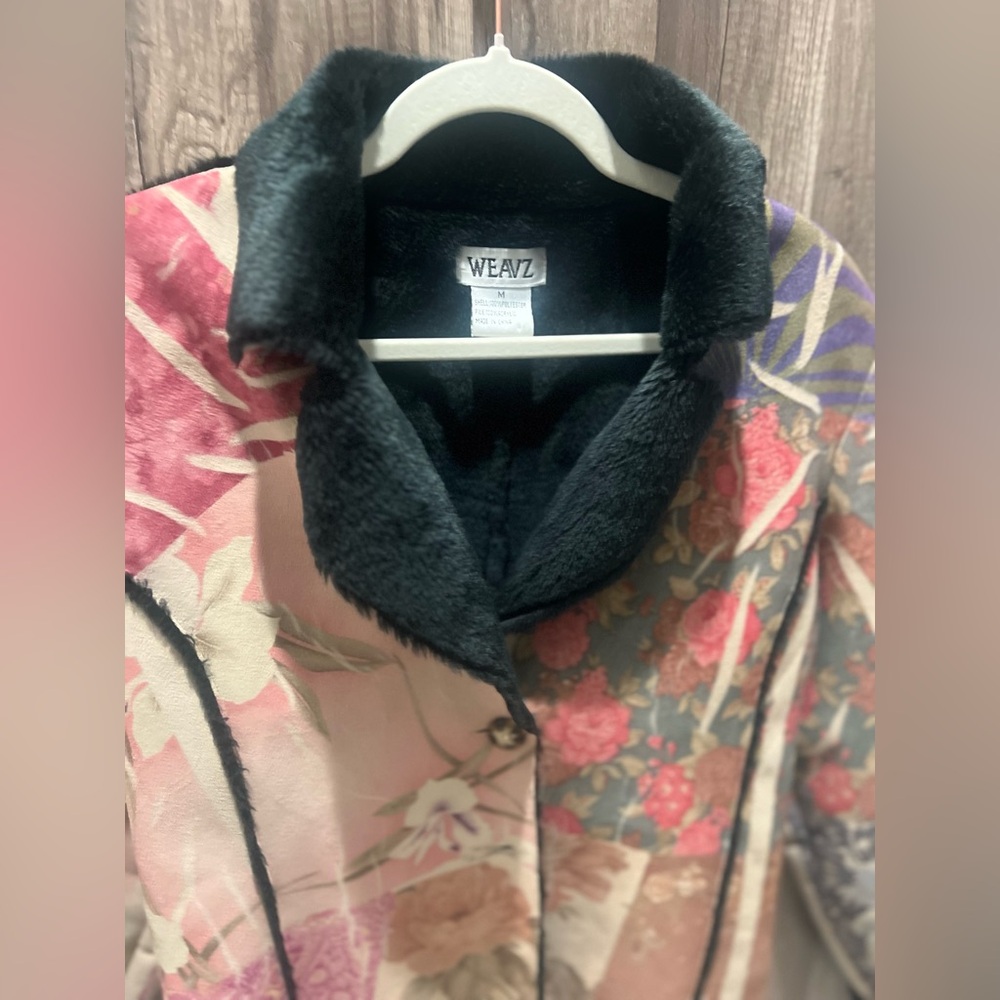 Vintage Weavz Women's Floral Jacket Multicolor Suede Black Fur Size Medium - Picture 2 of 8